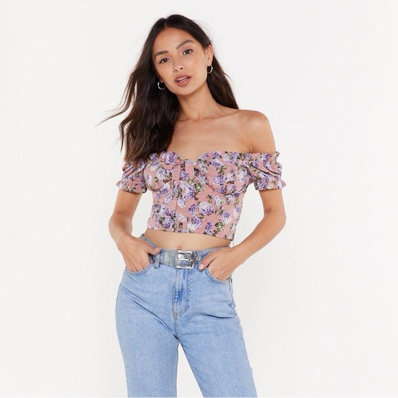 Nasty Gal Rose Floral Crop Top In Mauve - Picture 2 of 8